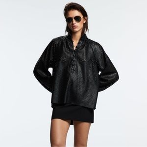 Zara black leather perforated top